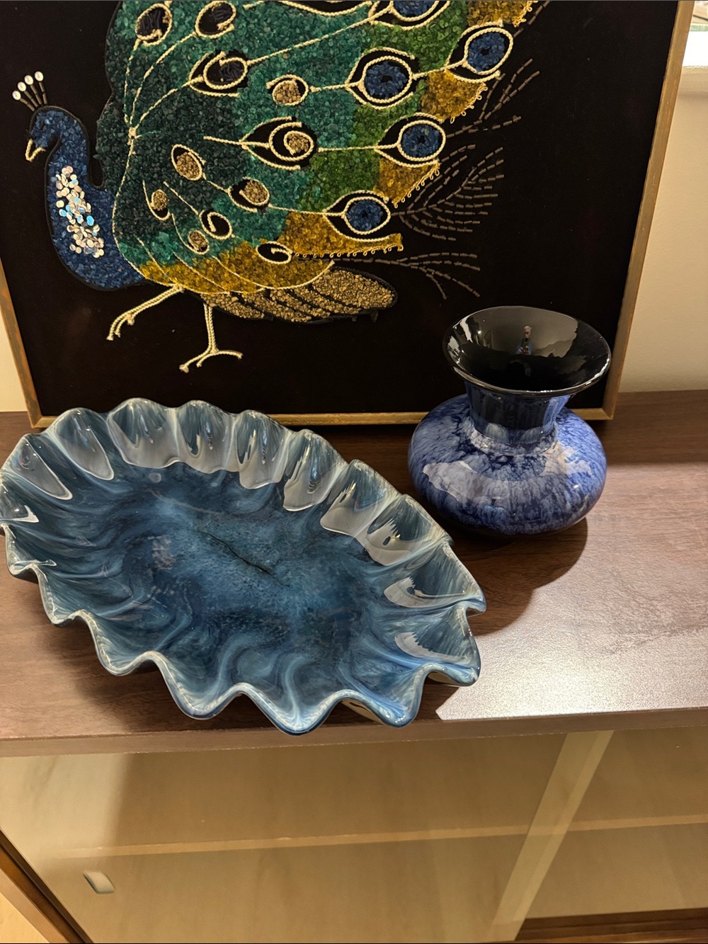 Vintage Blue Mountain Pottery Set – Cobalt Blue Drip Glaze Ruffled Dish & Spitto